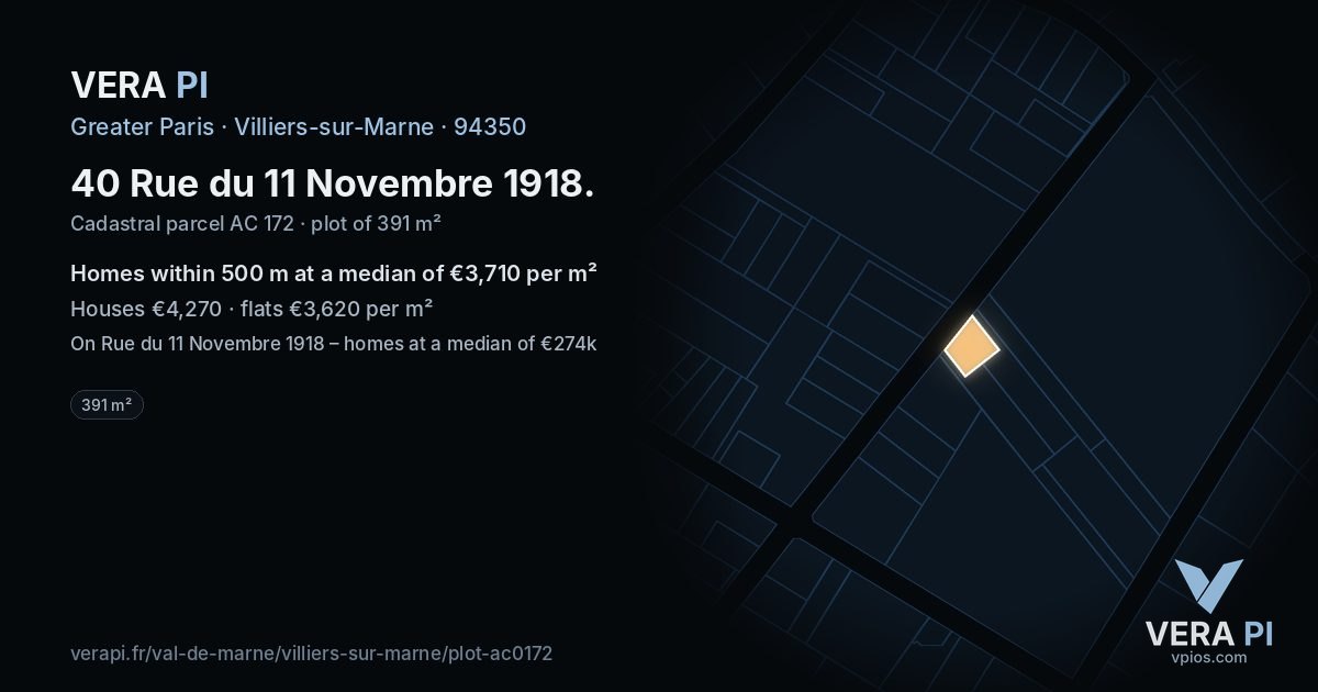 40 Rue du 11 Novembre 1918, Villiers-sur-Marne at night – the plot lit, the parcels around coloured by the prices near them