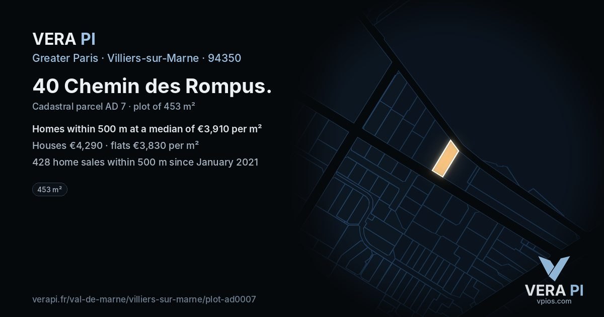 40 Chemin des Rompus, Villiers-sur-Marne at night – the plot lit, the parcels around coloured by the prices near them
