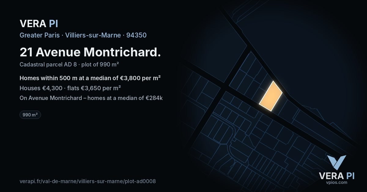 21 Avenue Montrichard, Villiers-sur-Marne at night – the plot lit, the parcels around coloured by the prices near them