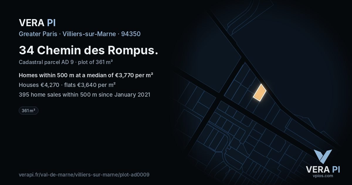 34 Chemin des Rompus, Villiers-sur-Marne at night – the plot lit, the parcels around coloured by the prices near them