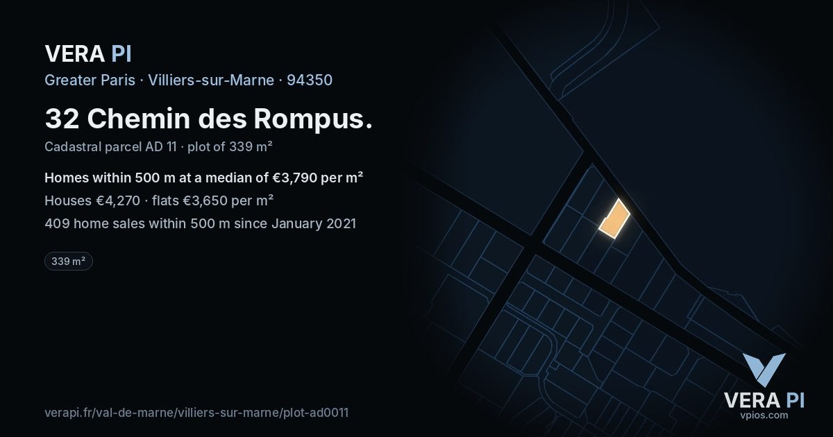 32 Chemin des Rompus, Villiers-sur-Marne at night – the plot lit, the parcels around coloured by the prices near them