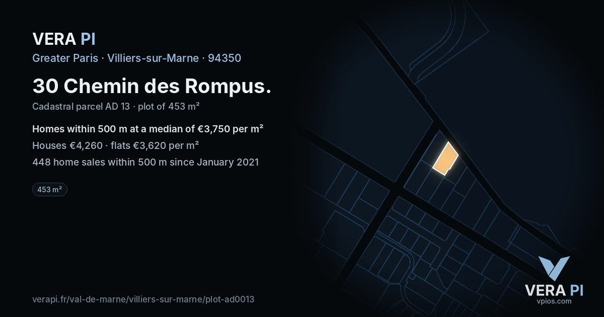 30 Chemin des Rompus, Villiers-sur-Marne at night – the plot lit, the parcels around coloured by the prices near them