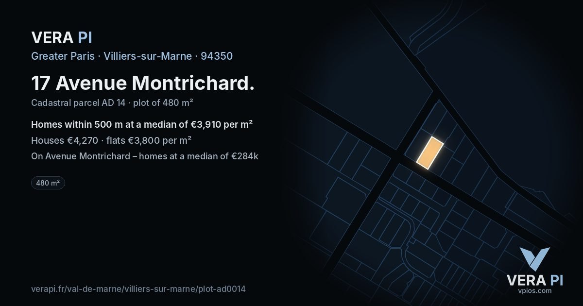 17 Avenue Montrichard, Villiers-sur-Marne at night – the plot lit, the parcels around coloured by the prices near them