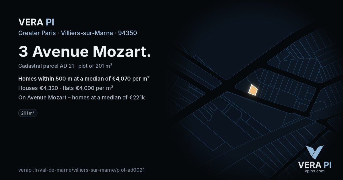 3 Avenue Mozart, Villiers-sur-Marne at night – the plot lit, the parcels around coloured by the prices near them