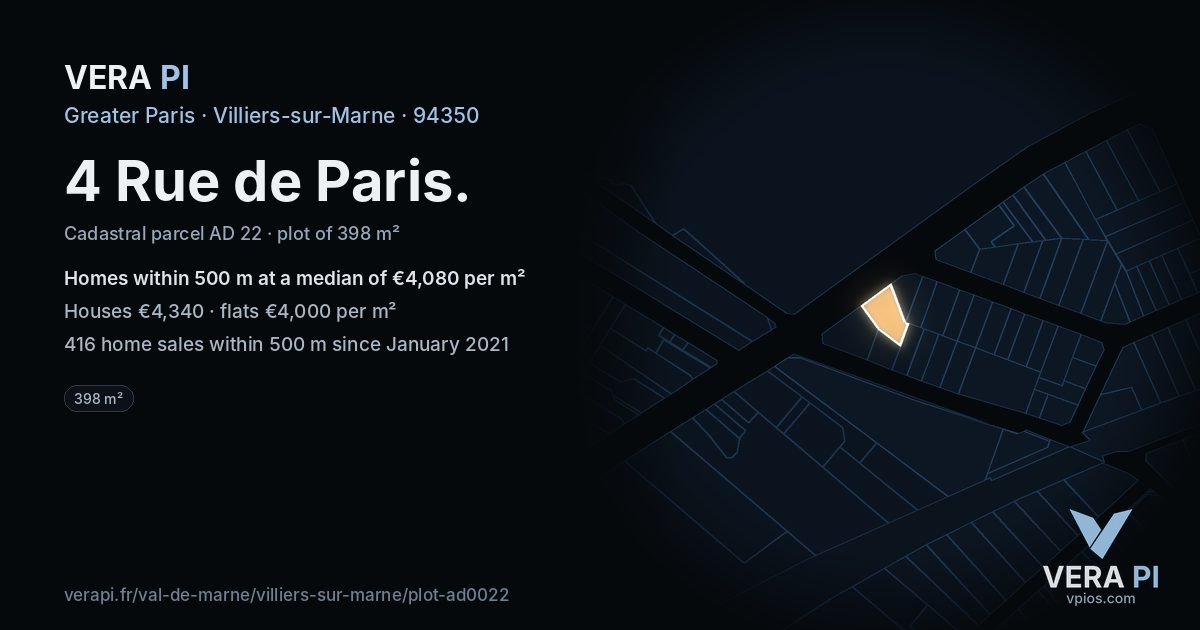 4 Rue de Paris, Villiers-sur-Marne at night – the plot lit, the parcels around coloured by the prices near them