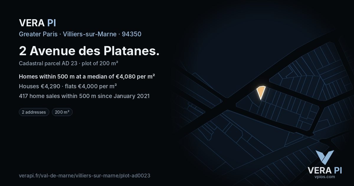 2 Avenue des Platanes, Villiers-sur-Marne at night – the plot lit, the parcels around coloured by the prices near them
