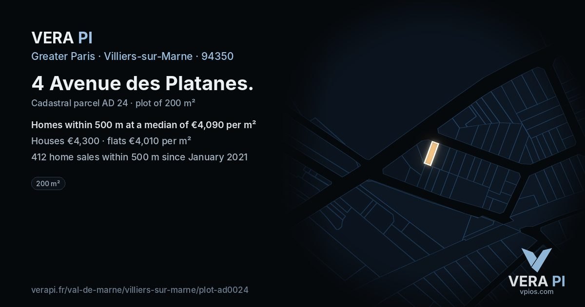 4 Avenue des Platanes, Villiers-sur-Marne at night – the plot lit, the parcels around coloured by the prices near them