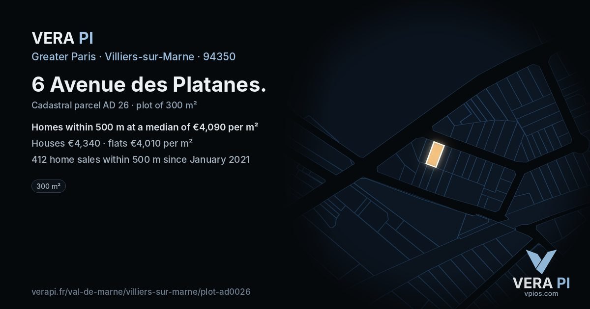 6 Avenue des Platanes, Villiers-sur-Marne at night – the plot lit, the parcels around coloured by the prices near them