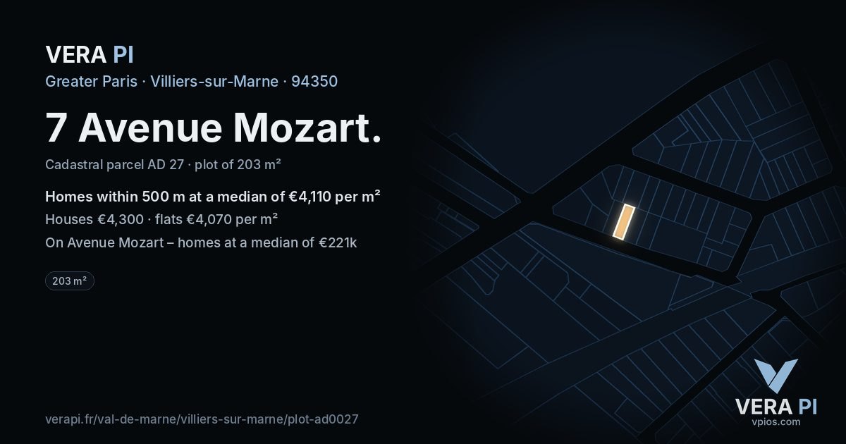7 Avenue Mozart, Villiers-sur-Marne at night – the plot lit, the parcels around coloured by the prices near them