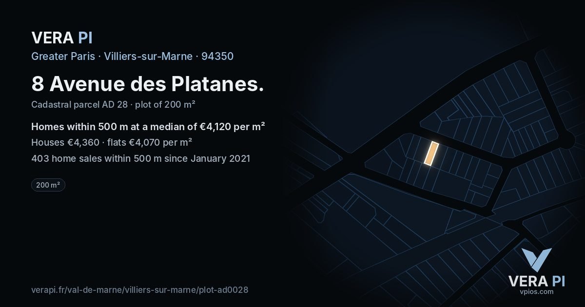 8 Avenue des Platanes, Villiers-sur-Marne at night – the plot lit, the parcels around coloured by the prices near them