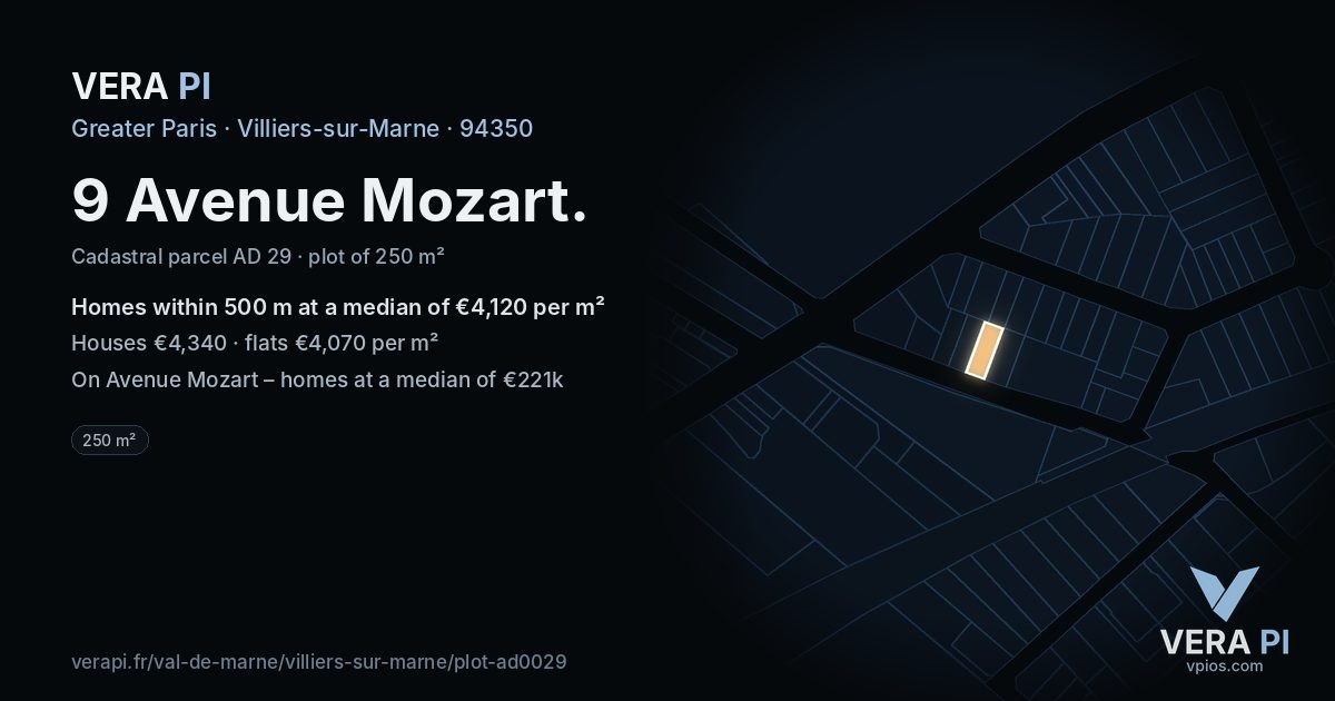 9 Avenue Mozart, Villiers-sur-Marne at night – the plot lit, the parcels around coloured by the prices near them