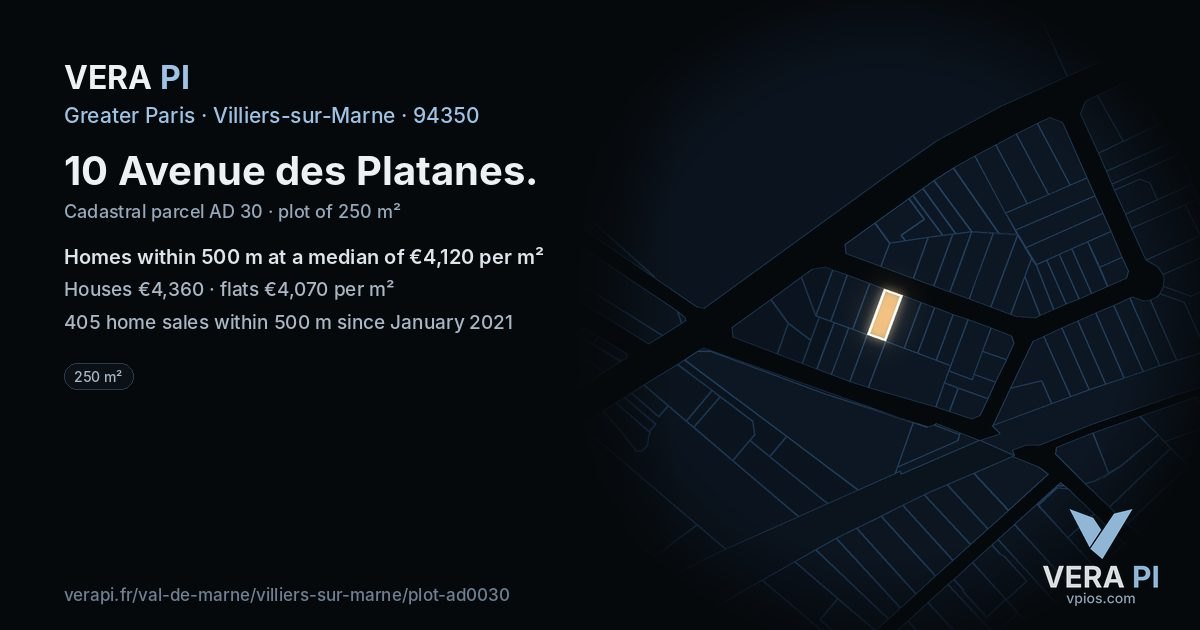 10 Avenue des Platanes, Villiers-sur-Marne at night – the plot lit, the parcels around coloured by the prices near them