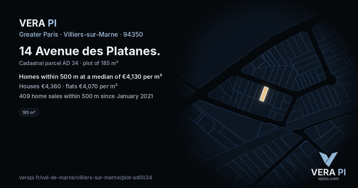 14 Avenue des Platanes, Villiers-sur-Marne at night – the plot lit, the parcels around coloured by the prices near them
