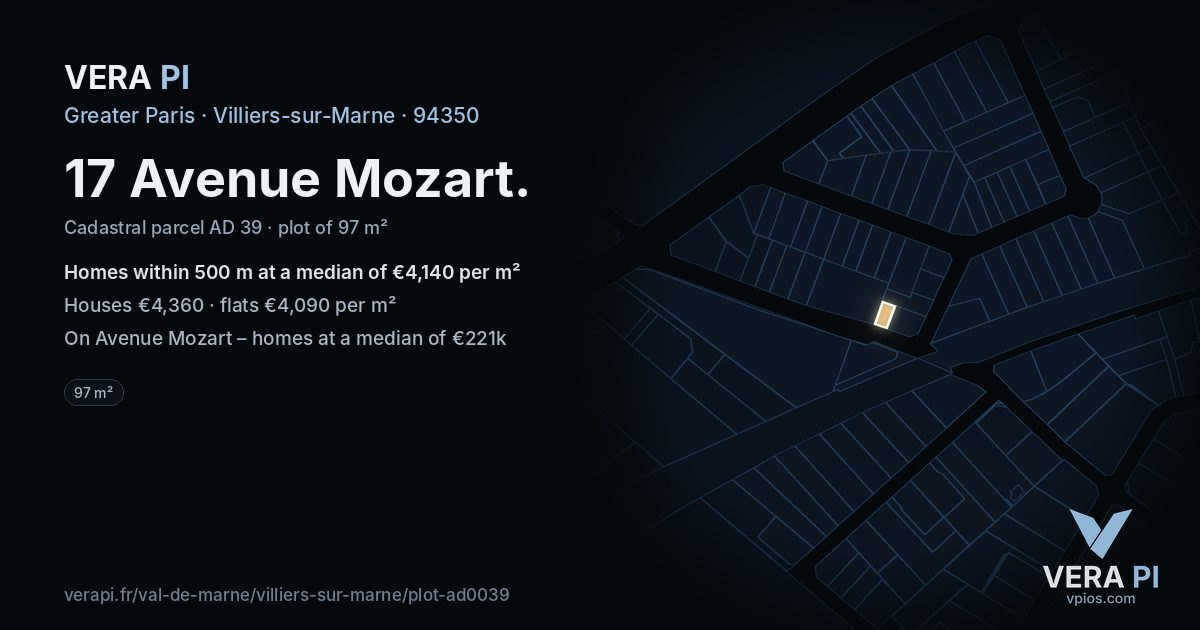 17 Avenue Mozart, Villiers-sur-Marne at night – the plot lit, the parcels around coloured by the prices near them