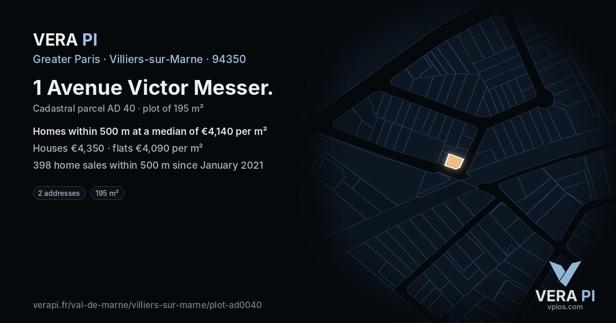 1 Avenue Victor Messer, Villiers-sur-Marne at night – the plot lit, the parcels around coloured by the prices near them