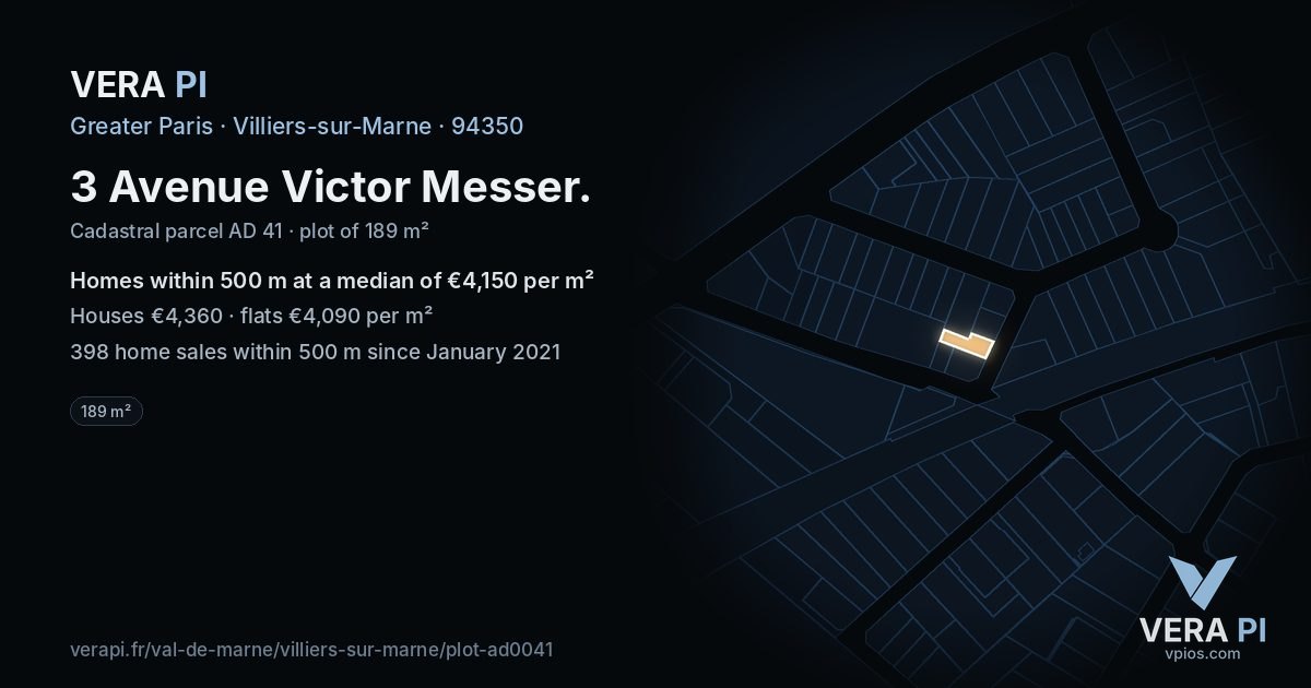 3 Avenue Victor Messer, Villiers-sur-Marne at night – the plot lit, the parcels around coloured by the prices near them
