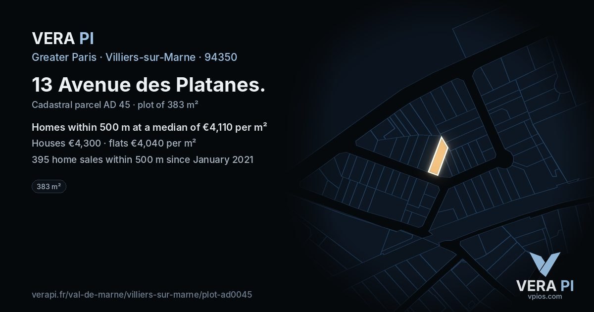 13 Avenue des Platanes, Villiers-sur-Marne at night – the plot lit, the parcels around coloured by the prices near them