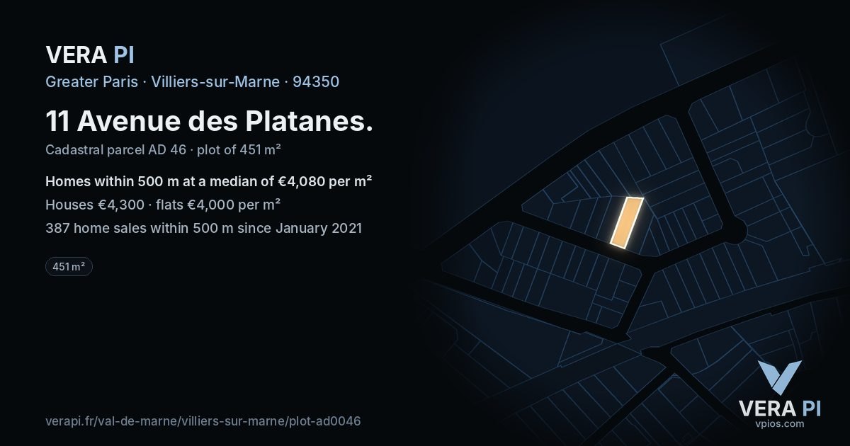 11 Avenue des Platanes, Villiers-sur-Marne at night – the plot lit, the parcels around coloured by the prices near them