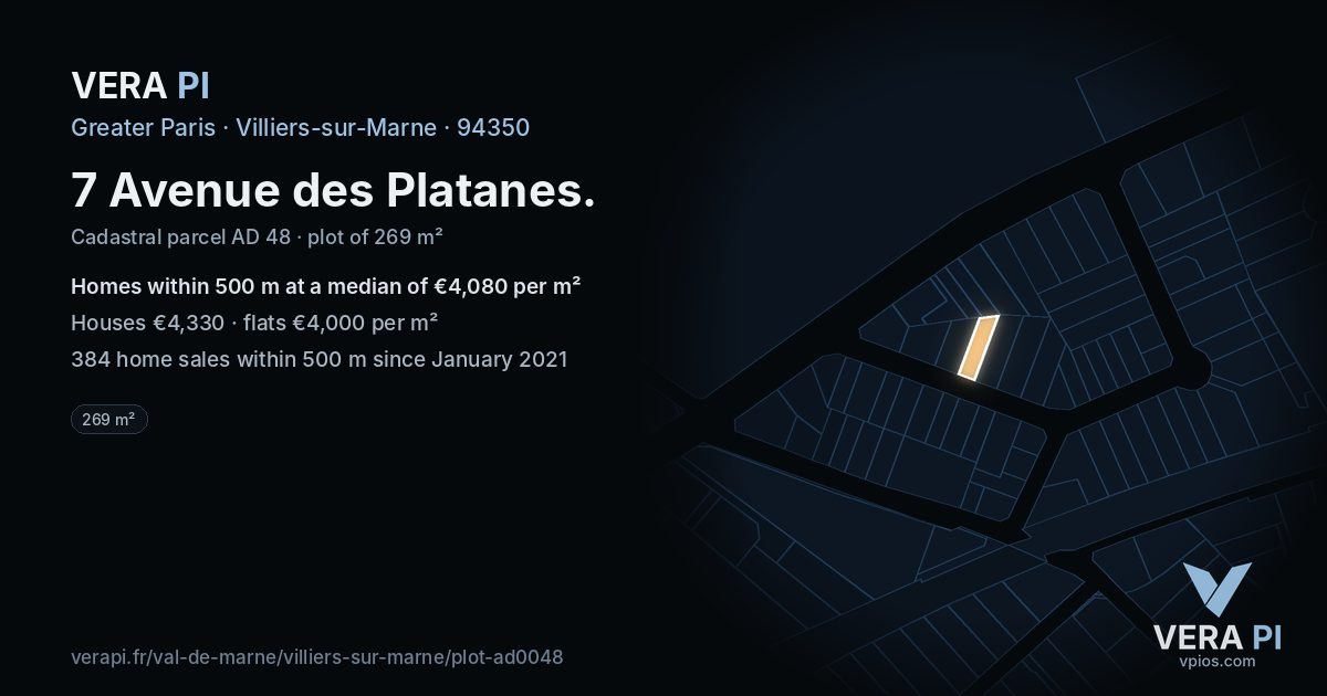 7 Avenue des Platanes, Villiers-sur-Marne at night – the plot lit, the parcels around coloured by the prices near them