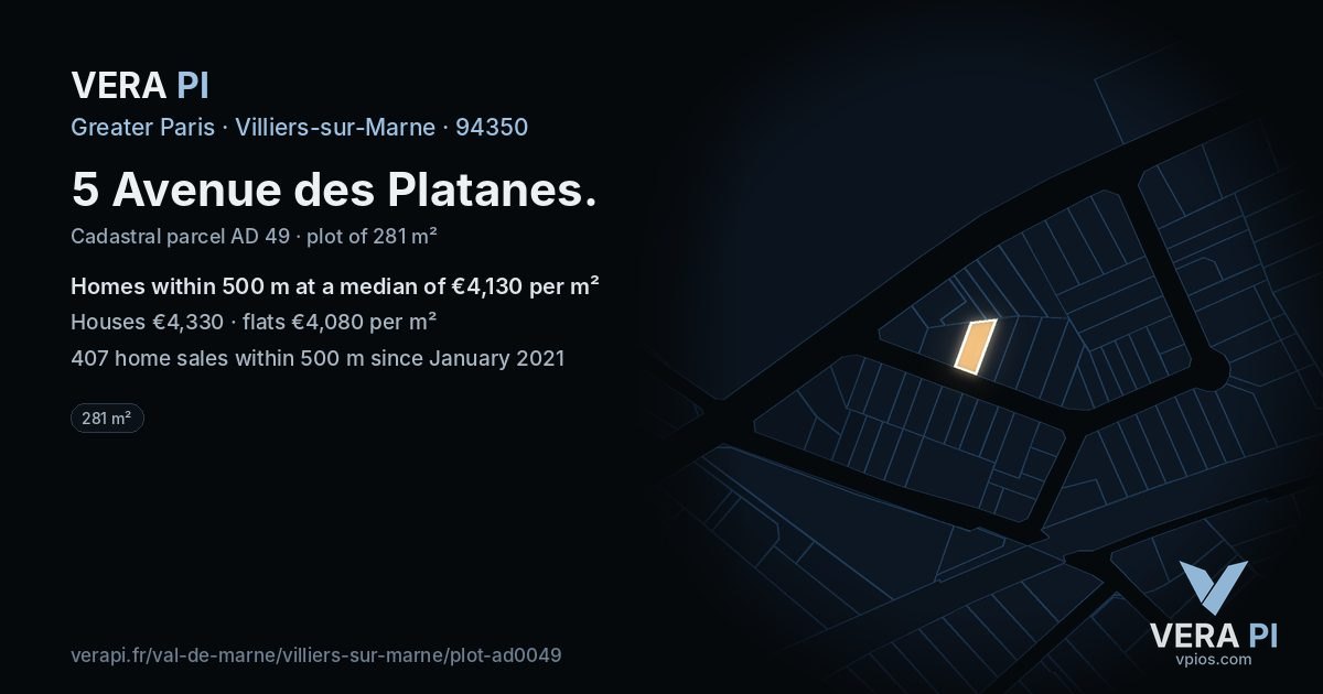 5 Avenue des Platanes, Villiers-sur-Marne at night – the plot lit, the parcels around coloured by the prices near them