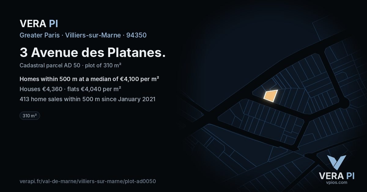 3 Avenue des Platanes, Villiers-sur-Marne at night – the plot lit, the parcels around coloured by the prices near them