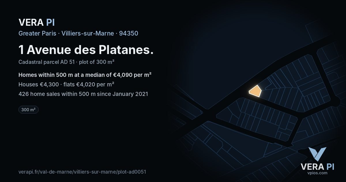 1 Avenue des Platanes, Villiers-sur-Marne at night – the plot lit, the parcels around coloured by the prices near them