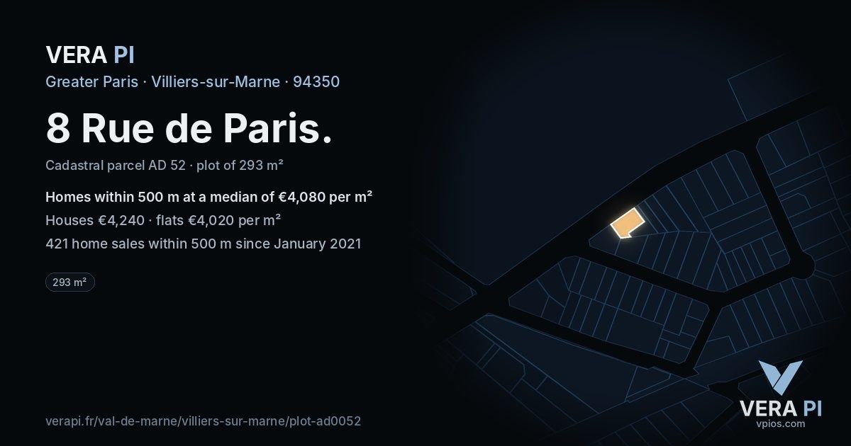 8 Rue de Paris, Villiers-sur-Marne at night – the plot lit, the parcels around coloured by the prices near them