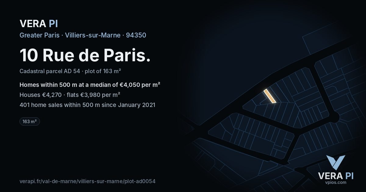 10 Rue de Paris, Villiers-sur-Marne at night – the plot lit, the parcels around coloured by the prices near them