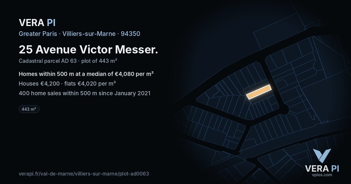 25 Avenue Victor Messer, Villiers-sur-Marne at night – the plot lit, the parcels around coloured by the prices near them