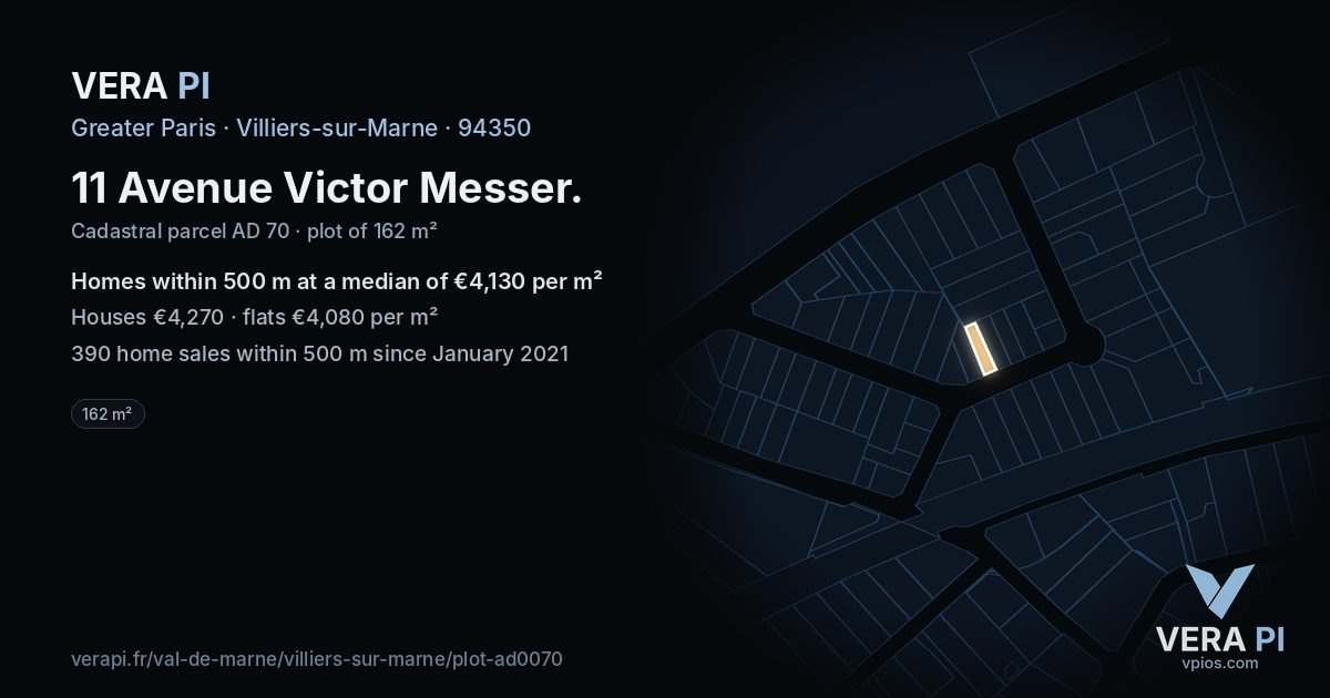 11 Avenue Victor Messer, Villiers-sur-Marne at night – the plot lit, the parcels around coloured by the prices near them