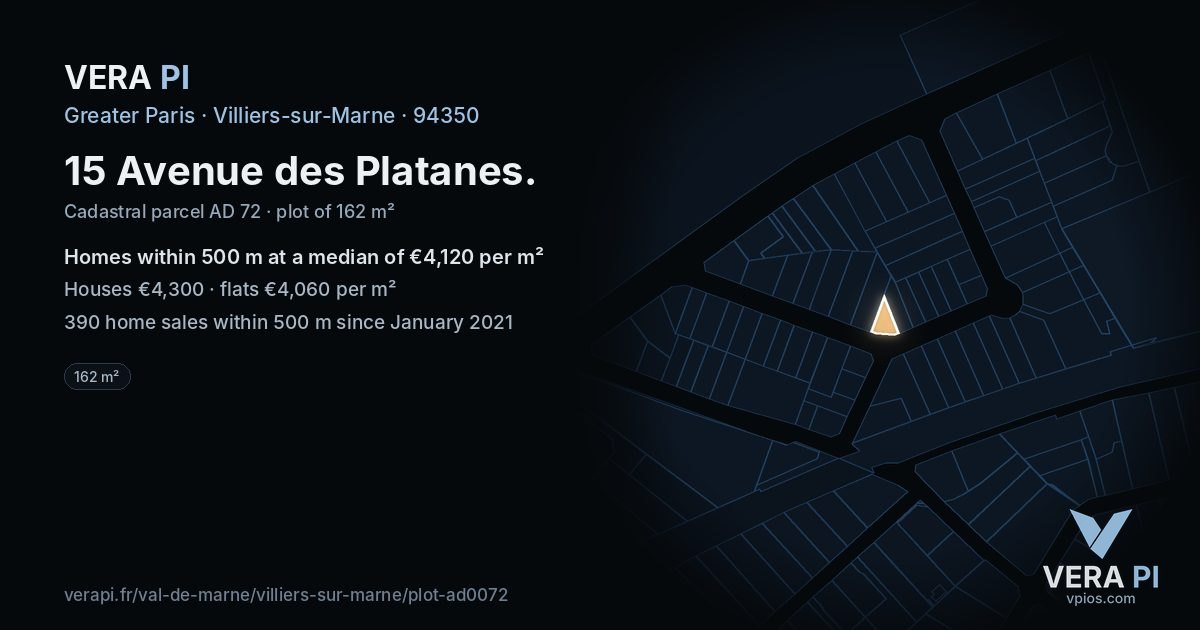 15 Avenue des Platanes, Villiers-sur-Marne at night – the plot lit, the parcels around coloured by the prices near them