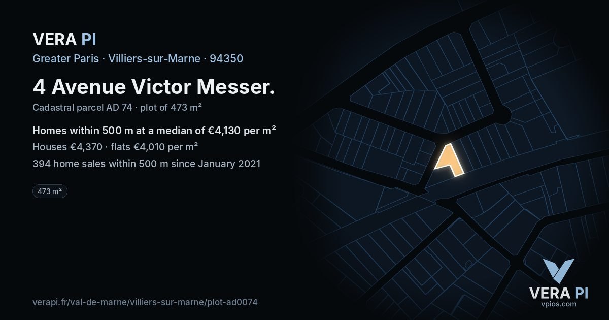 4 Avenue Victor Messer, Villiers-sur-Marne at night – the plot lit, the parcels around coloured by the prices near them
