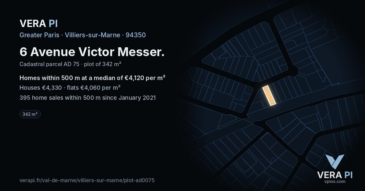 6 Avenue Victor Messer, Villiers-sur-Marne at night – the plot lit, the parcels around coloured by the prices near them