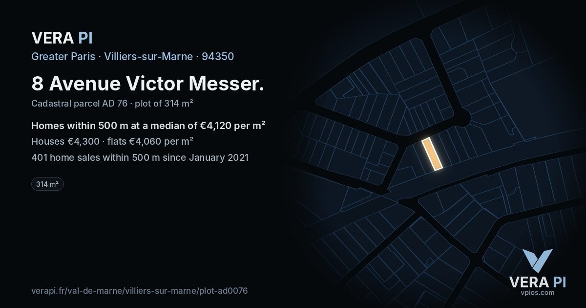 8 Avenue Victor Messer, Villiers-sur-Marne at night – the plot lit, the parcels around coloured by the prices near them