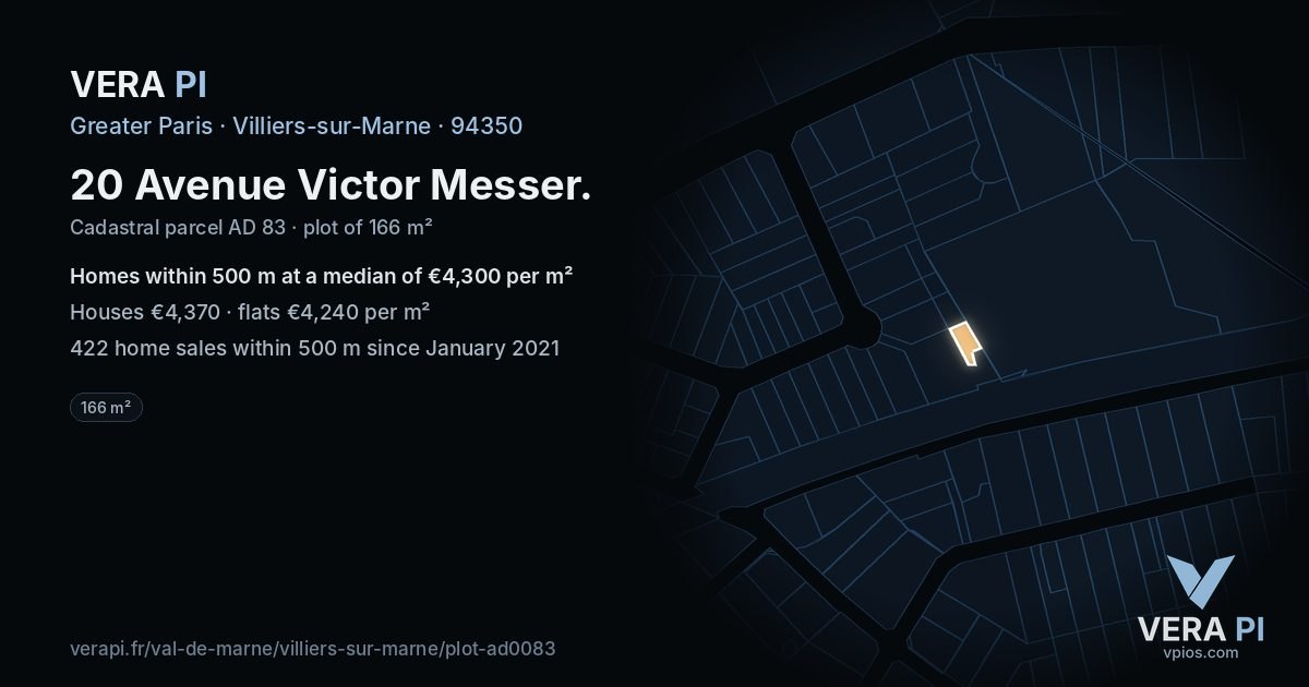20 Avenue Victor Messer, Villiers-sur-Marne at night – the plot lit, the parcels around coloured by the prices near them