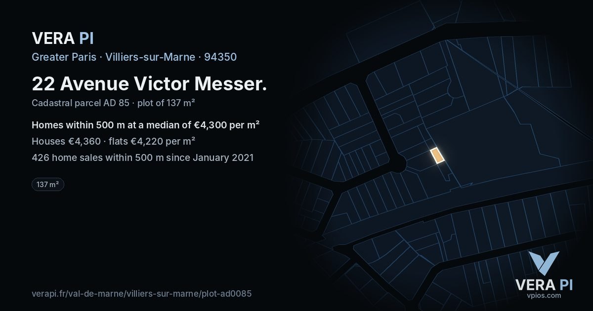 22 Avenue Victor Messer, Villiers-sur-Marne at night – the plot lit, the parcels around coloured by the prices near them