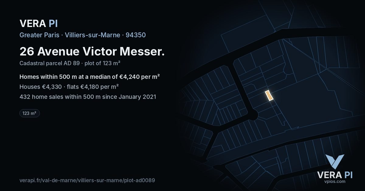 26 Avenue Victor Messer, Villiers-sur-Marne at night – the plot lit, the parcels around coloured by the prices near them