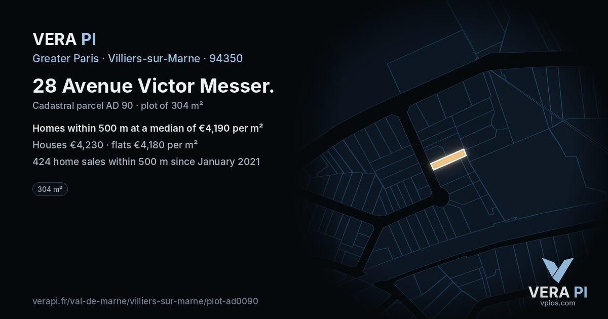 28 Avenue Victor Messer, Villiers-sur-Marne at night – the plot lit, the parcels around coloured by the prices near them