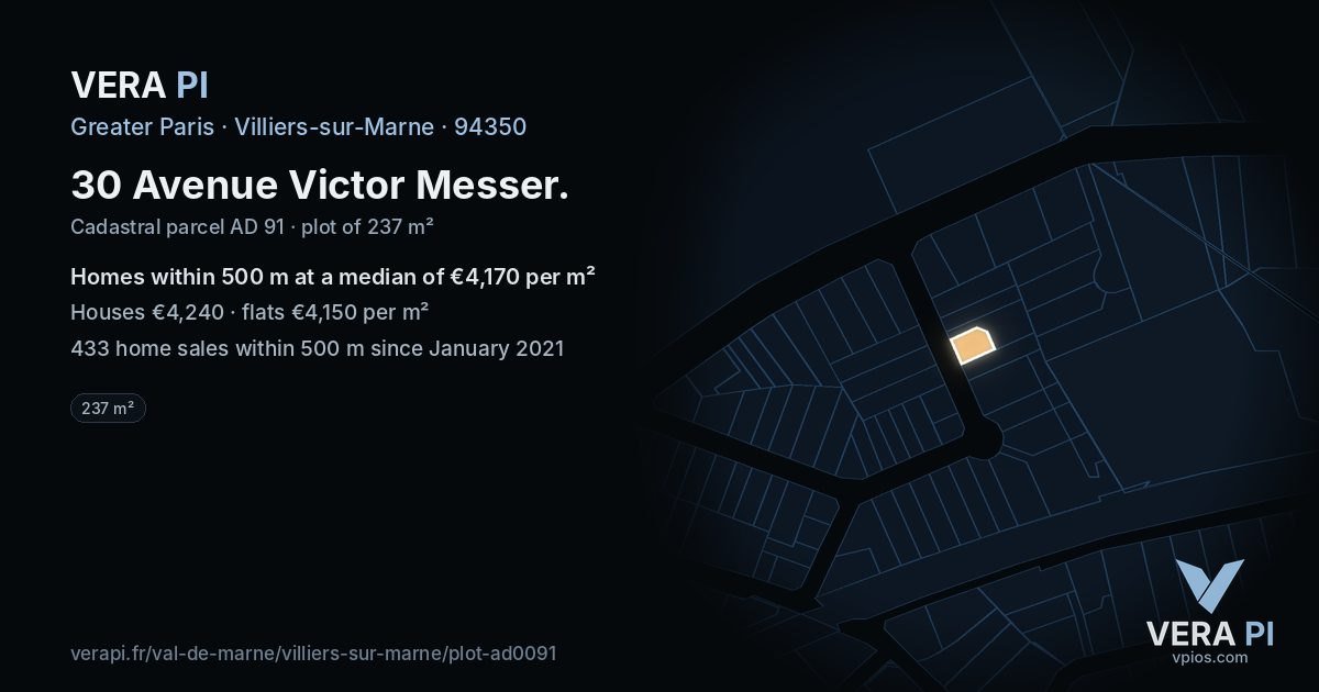 30 Avenue Victor Messer, Villiers-sur-Marne at night – the plot lit, the parcels around coloured by the prices near them