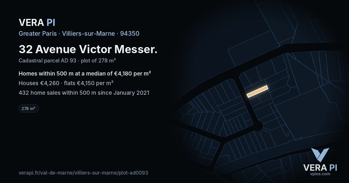 32 Avenue Victor Messer, Villiers-sur-Marne at night – the plot lit, the parcels around coloured by the prices near them