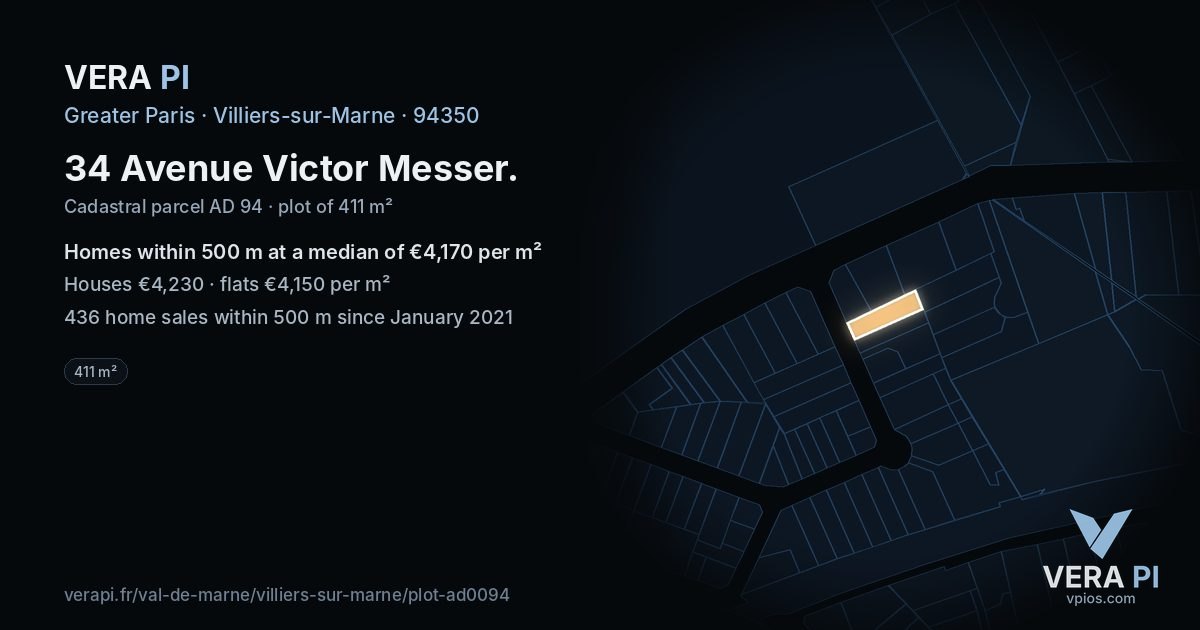 34 Avenue Victor Messer, Villiers-sur-Marne at night – the plot lit, the parcels around coloured by the prices near them