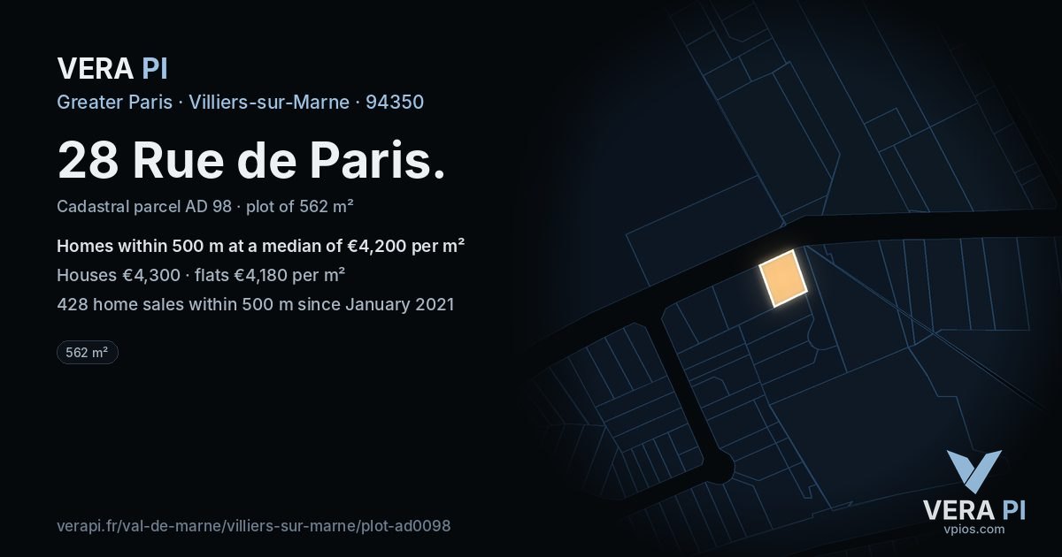 28 Rue de Paris, Villiers-sur-Marne at night – the plot lit, the parcels around coloured by the prices near them