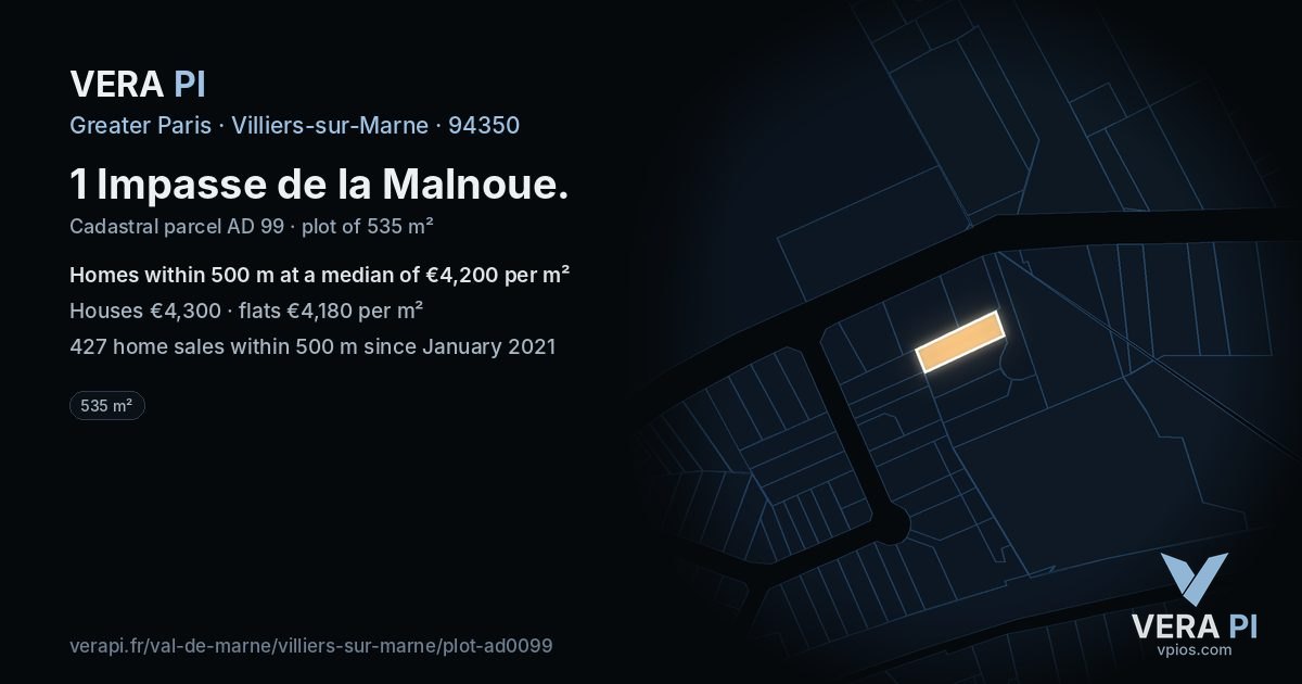 1 Impasse de la Malnoue, Villiers-sur-Marne at night – the plot lit, the parcels around coloured by the prices near them