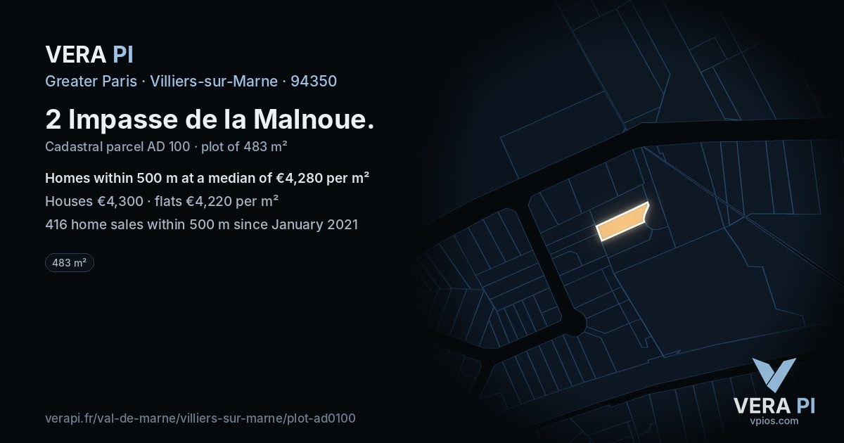 2 Impasse de la Malnoue, Villiers-sur-Marne at night – the plot lit, the parcels around coloured by the prices near them