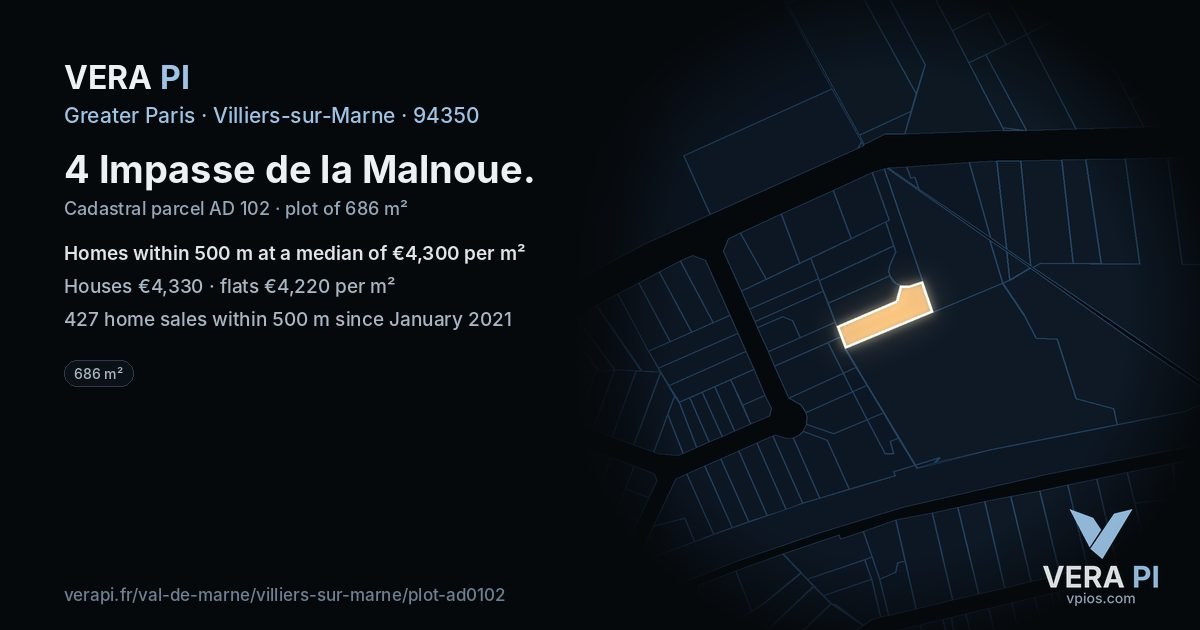4 Impasse de la Malnoue, Villiers-sur-Marne at night – the plot lit, the parcels around coloured by the prices near them