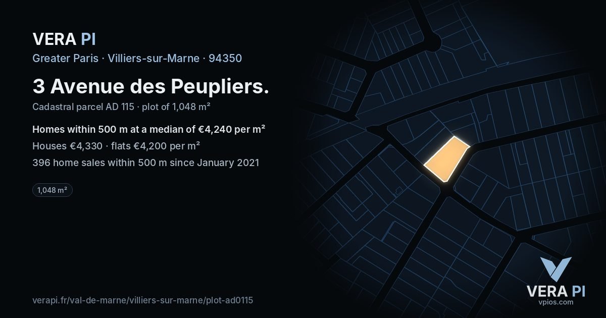 3 Avenue des Peupliers, Villiers-sur-Marne at night – the plot lit, the parcels around coloured by the prices near them