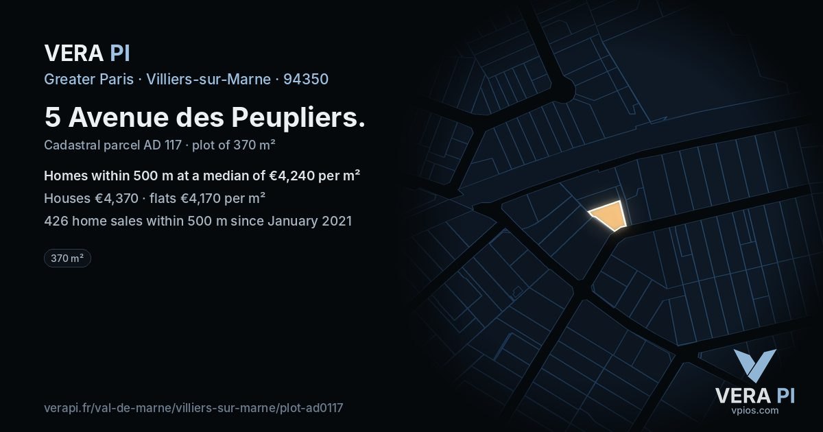 5 Avenue des Peupliers, Villiers-sur-Marne at night – the plot lit, the parcels around coloured by the prices near them