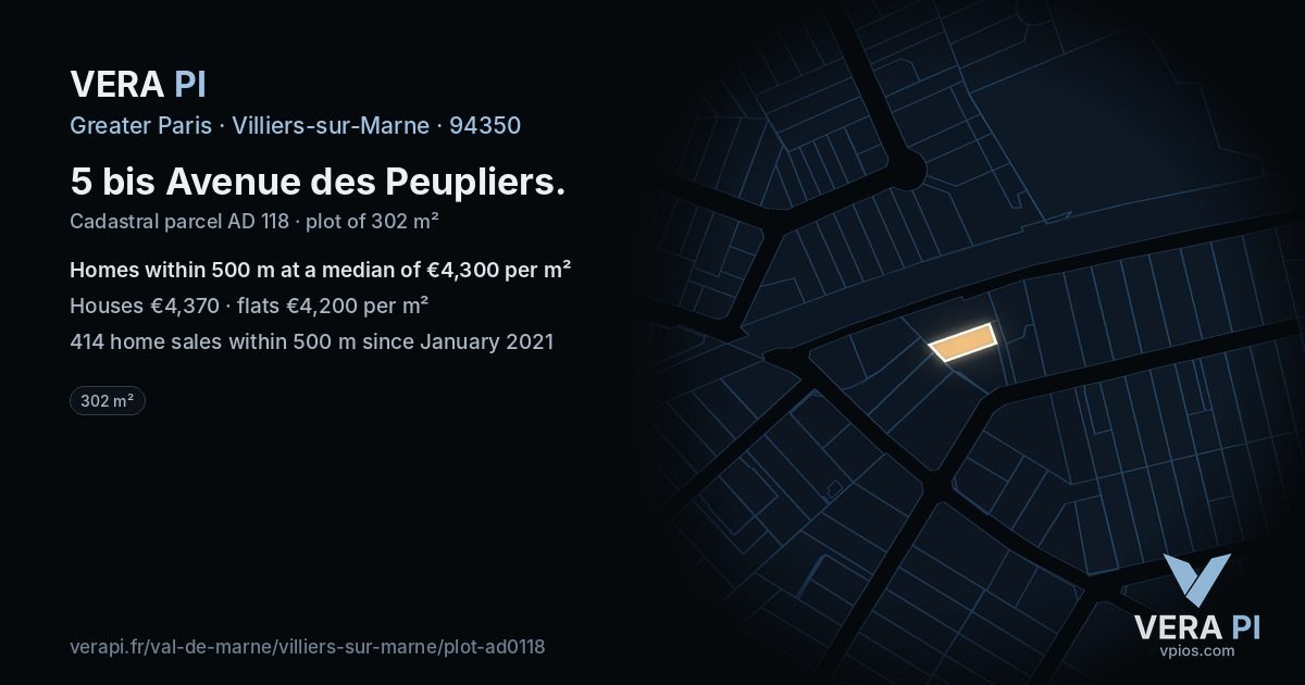 5 bis Avenue des Peupliers, Villiers-sur-Marne at night – the plot lit, the parcels around coloured by the prices near them