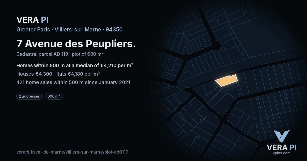 7 Avenue des Peupliers, Villiers-sur-Marne at night – the plot lit, the parcels around coloured by the prices near them
