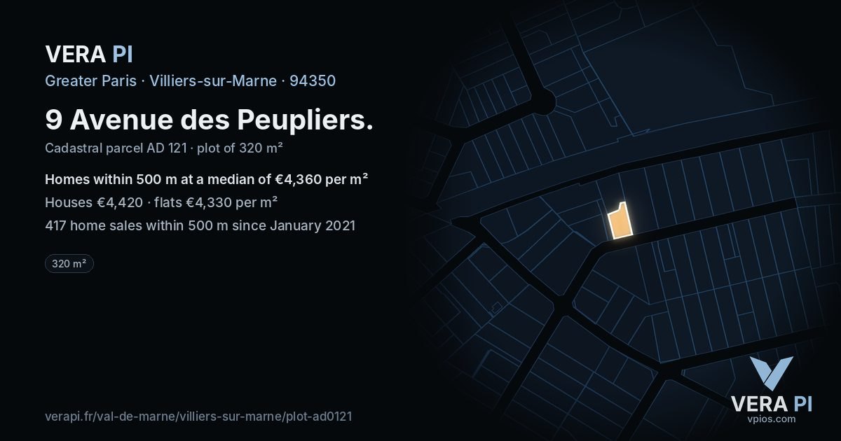 9 Avenue des Peupliers, Villiers-sur-Marne at night – the plot lit, the parcels around coloured by the prices near them
